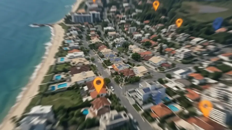 Vista aérea de um bairro residencial com casas que têm painéis solares nos telhados